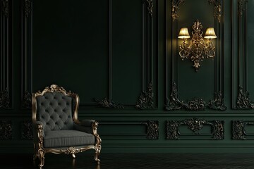 classic dark green castle with elegant and strong dragon carving scene, elegant classic wall lamp and calssic wooden grey chair with royal carving isolated on dark background 