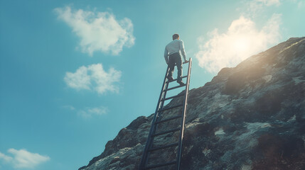 hombre exitoso subiendo por la escalera en una montaña para llegar a la cima con oportunidades y logros en el camino con motivacion y objetivos - obrazy, fototapety, plakaty