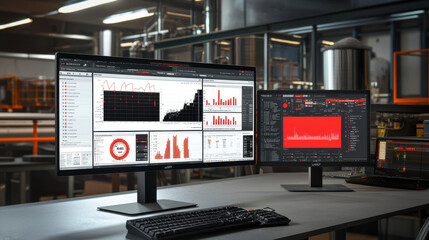 Two modern monitors display detailed data analytics and graphic representations in a tech-driven workspace.