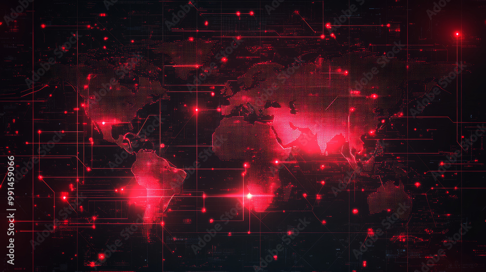 Poster a futuristic digital map with glowing red lights against a dark background. this design is perfect f