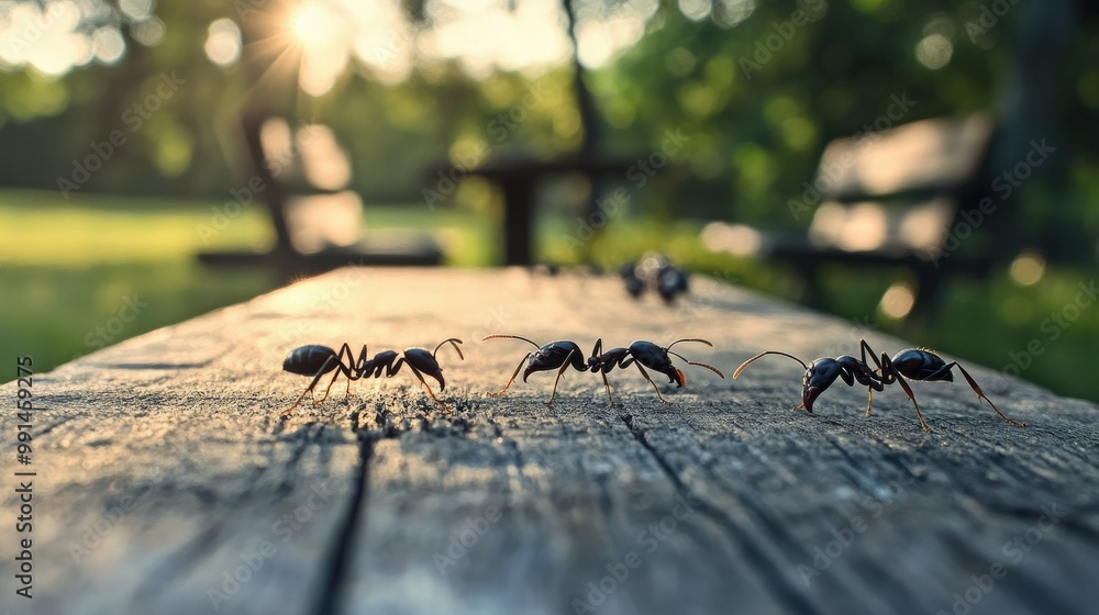 Poster ants foraging on a picnic table, leaving a clear space in the background for copy or design elements