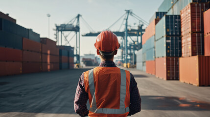 A worker in an orange vest and helmet stands overlooking a shipping yard filled with stacked containers and cranes in the background.