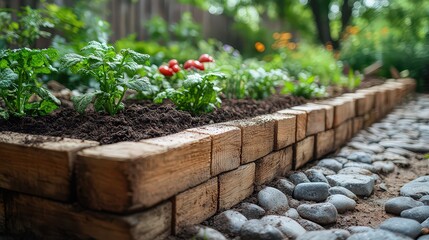  Raised wooden garden bed with neatly planted herbs and vegetables, bordered by smooth stones in a beautifully landscaped backyard setting.