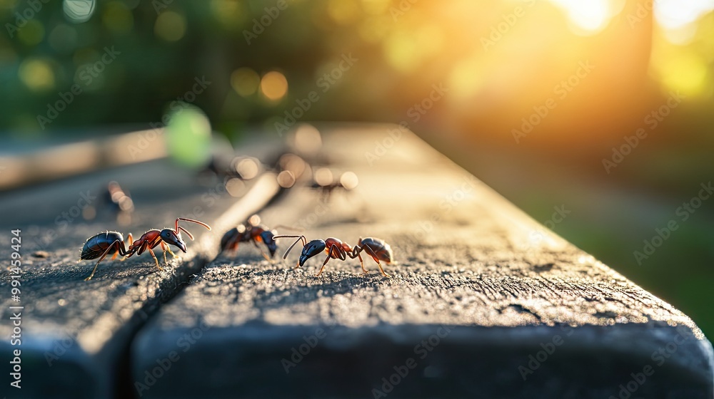 Poster ants foraging on a picnic table, leaving a clear space in the background for copy or design elements