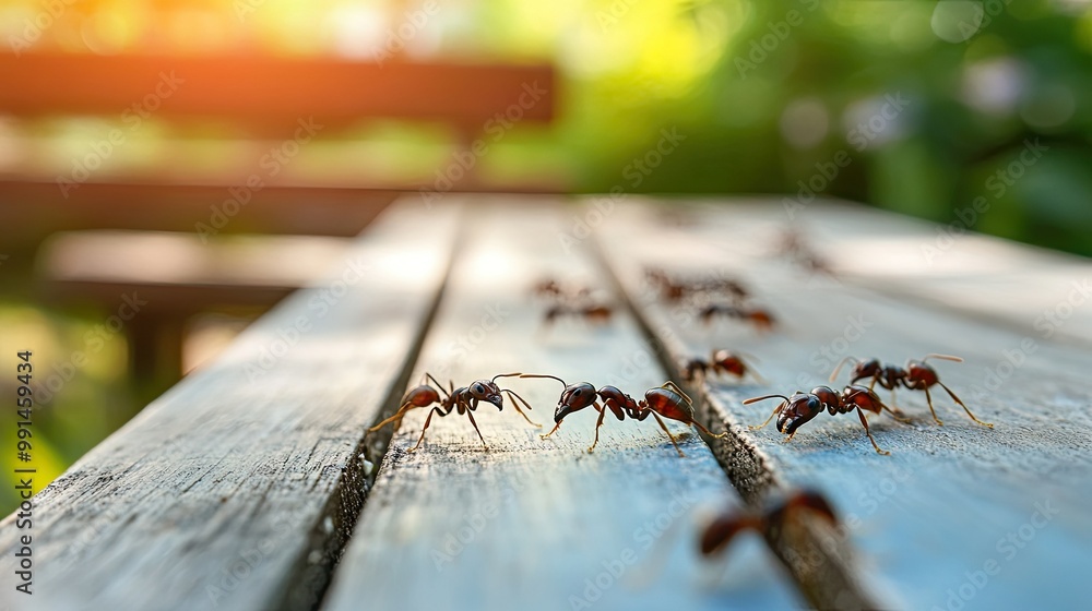 Poster ants foraging on a picnic table, leaving a clear space in the background for copy or design elements