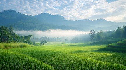 Fototapeta premium landscape vetical view beautiful scenery looking rice field fog green tree forest Mountain hill natural blue sky cloud horizontal distant countryside thailand asia travel holiday wind : Generative AI