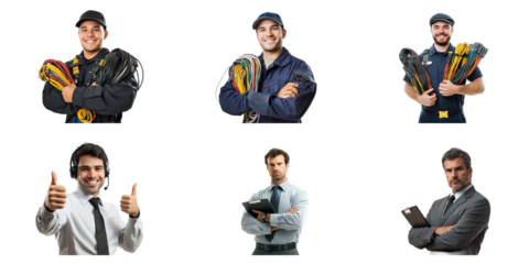 An IT support specialist holding a set of cables, smiling as if solving a technical problem. isolated on transparency background