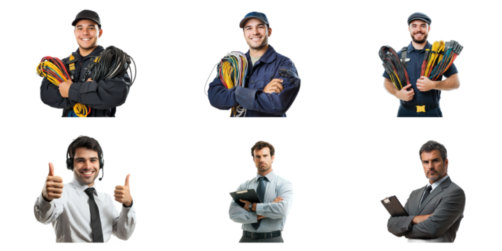 An IT support specialist holding a set of cables, smiling as if solving a technical problem. isolated on transparency background