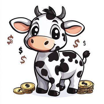 Playful Cartoon Cash Cow Character Surrounded by Money and Coins in Black and White Illustration