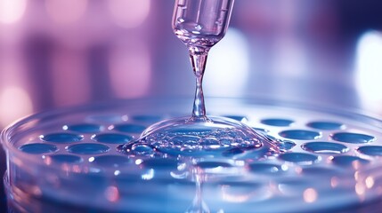 close-up of a cell culture plate in a laboratory setting, with droplets dripping from a glass pipette