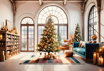 New year tree and christmas decoration in cosy light living room with sofa. AI generated.