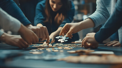 un grupo de personas en una empresa trabajando y haciendo estrategias de negocios armando un rompecabezas concepto de trabajo en equipo