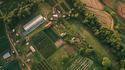 Aerial View of a Picturesque Rural Farm Landscape with Green Fields and Trees at Sunset