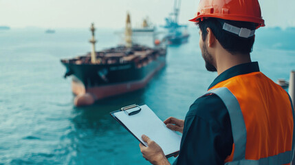 A maritime worker inspects a cargo ship while taking notes by the water, showcasing safety and professionalism in the shipping industry.