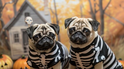 Two adorable pugs dressed in skeleton costumes, perfect for Halloween themed or pet costume ideas.