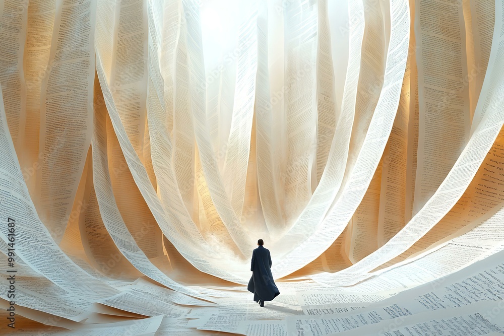 Fototapete human walls in an abstract environment with massive pages of text and information, trying to ring hi