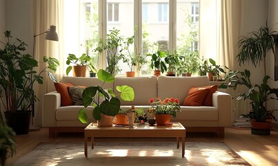 Fototapeta premium Cozy Living Room with Greenery and Colorful Flowers