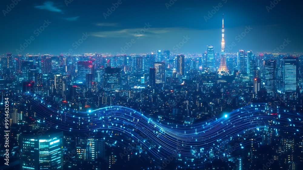 Poster smart city and big data connection technology concept with digital blue wavy wires with antennas on 