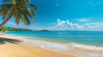Fototapeta premium Panorama banner photo of idyllic tropical beach with palm tree : Generative AI