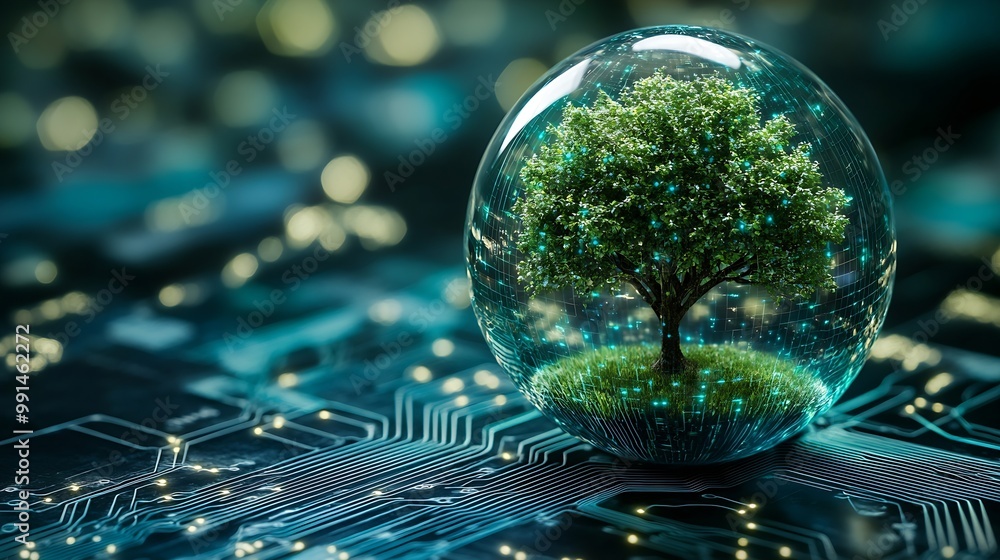 Poster Tree growing on Circuit digital ball Digital and Technology Convergence Blue light and Wireframe network background Green Computing Green Technology Green IT csr and IT ethics Concept : Generative AI