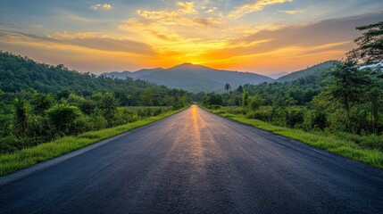 A tranquil road with a stunning sunset backdrop, surrounded by lush mountains and serene nature. Perfect for travel themes.
