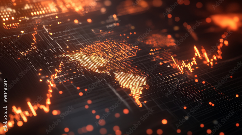 Poster a 3d image showing a forex chart with a map on a dark background. it represents the idea of global t