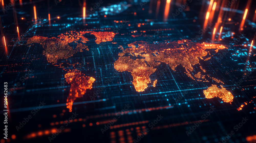 Poster a 3d image showing a forex chart with a map on a dark background. it represents the idea of global t