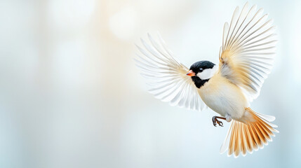 Obraz premium A stunning close-up of a bird soaring gracefully in mid-flight against a pale sky, showcasing the elegance of its wings and providing ample copy space for creative use.