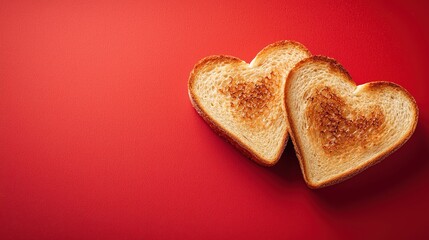 Fototapeta premium Two heart-shaped toast slices on a vibrant red background, perfect for romantic occasions and food-themed projects.