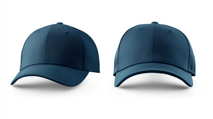 Two baseball caps, dark blue with a turquoise tint, are shown from the front and back. They're isolated on a white background, perfect for showcasing designs.