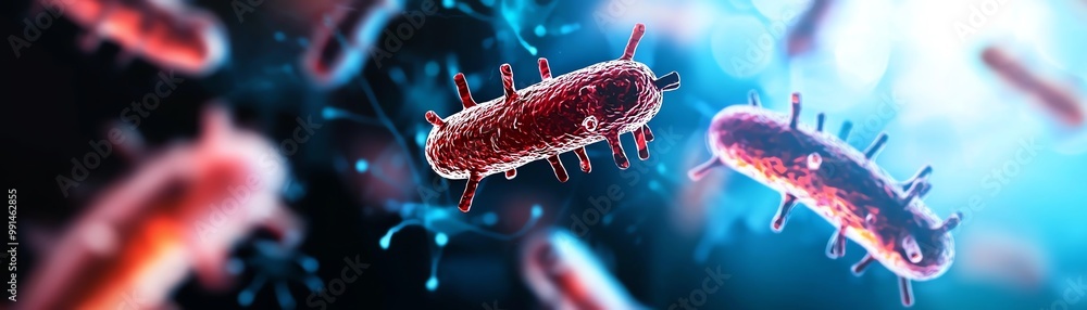 Poster close-up view of vibrant bacteria under a microscope, showcasing intricate structures and colorful d