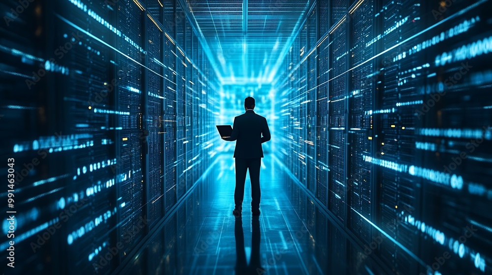 Aufkleber futuristic concept data center chief technology officer holding laptop standing in warehouse informa