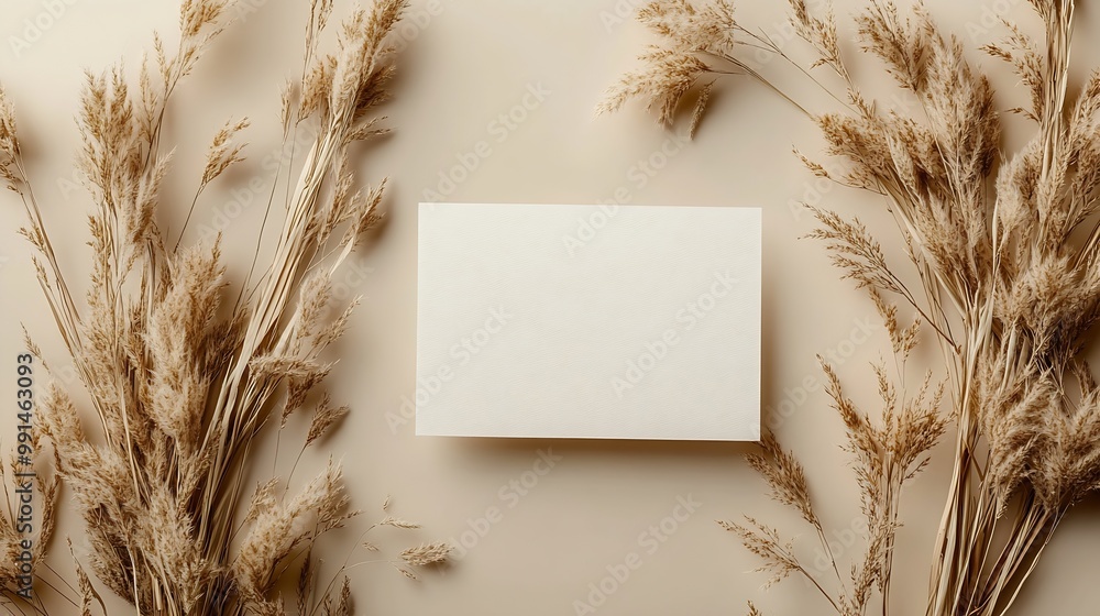 Leinwandbilder white paper empty blank dried grass decoration on beige background invitation card mockup on beige t