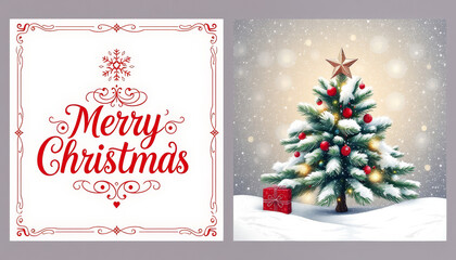 Merry Christmas Cover and Backcover greeting card. Modern beautiful Xmas design with typography, Christmas tree branches, balls, snowflake pattern. Minimal art banner, poster, cover templates 