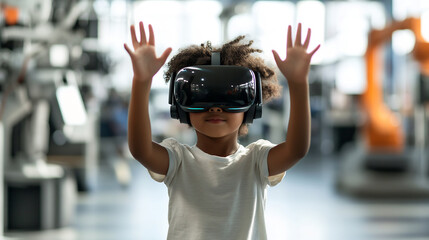 Child exploring virtual reality with VR headset, hands raised in excitement, futuristic technology setting