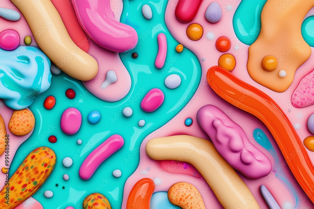 Poster vibrant abstract texture featuring colorful, flowing shapes and bubbles in a playful arrangement on 
