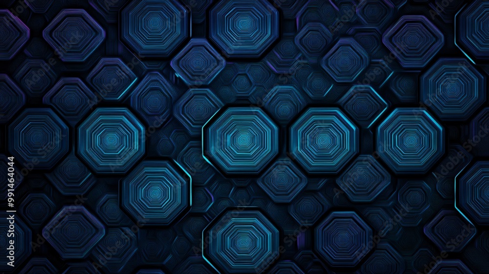 Poster abstract geometric pattern of octagons with concentric lines in blue and black.