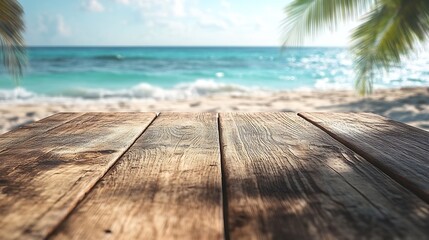 Fototapeta premium Empty rustic wooden table on blur background of beautiful beach for mockup summer product display or travel ad Picnic table with customizable space on tabletop for editing Flawless : Generative AI