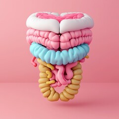 Colorful and playful depiction of intestines arranged in a heart shape, blending art and anatomy with vibrant pastel colors.