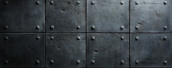 Fototapeta premium Close-up view of a textured metal wall, featuring square panels with rivets, ideal for industrial or artistic backgrounds.
