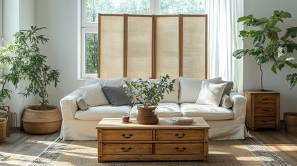 Cozy living room with a white sofa, wooden coffee table, potted plants, and a stylish screen window.