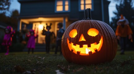 Glowing Halloween Pumpkin on Porch with Children in Costumes Walking Around Yard at Dusk