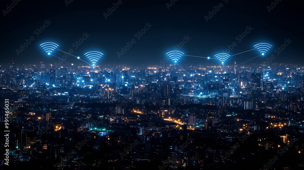 Poster Modern city with wireless network connection and city scape conceptWireless network and Connection technology concept with city background at night : Generative AI