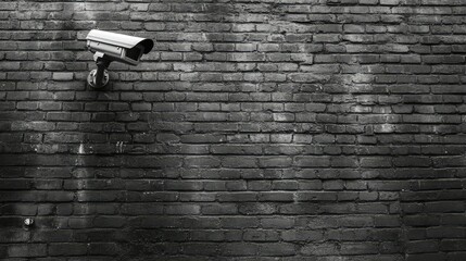 Black and white image of a security camera on a brick wall, with space for copy on the left side. -