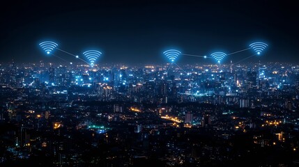 Modern city with wireless network connection and city scape conceptWireless network and Connection technology concept with city background at night : Generative AI