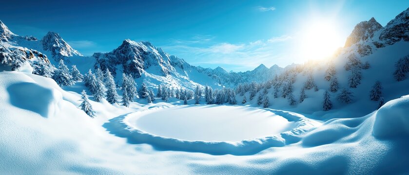 A stunning winter landscape featuring snow-covered mountains under a vibrant blue sky and bright sunlight reflecting on the snow.
