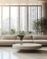 Fototapeta premium Modern Living Room with Large Windows and Neutral Tones