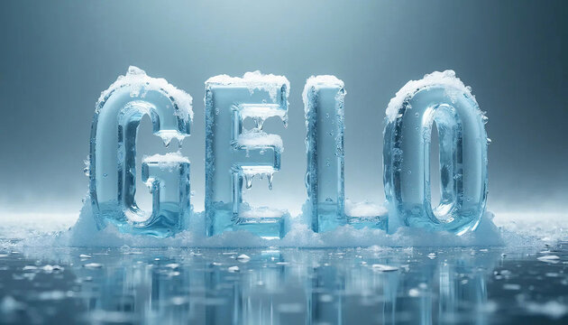 A palavra GELO esculpida em blocos de gelo e gotas derretendo. O fundo azul. Sensa&ccedil;&atilde;o de frio. Gelo em letras 3D.