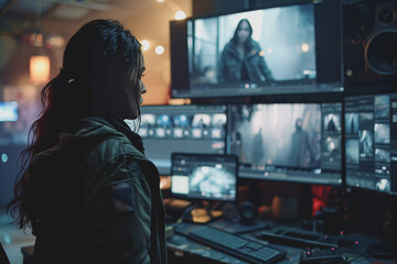 The hands of a video clip editor are editing video on a computer in the office.