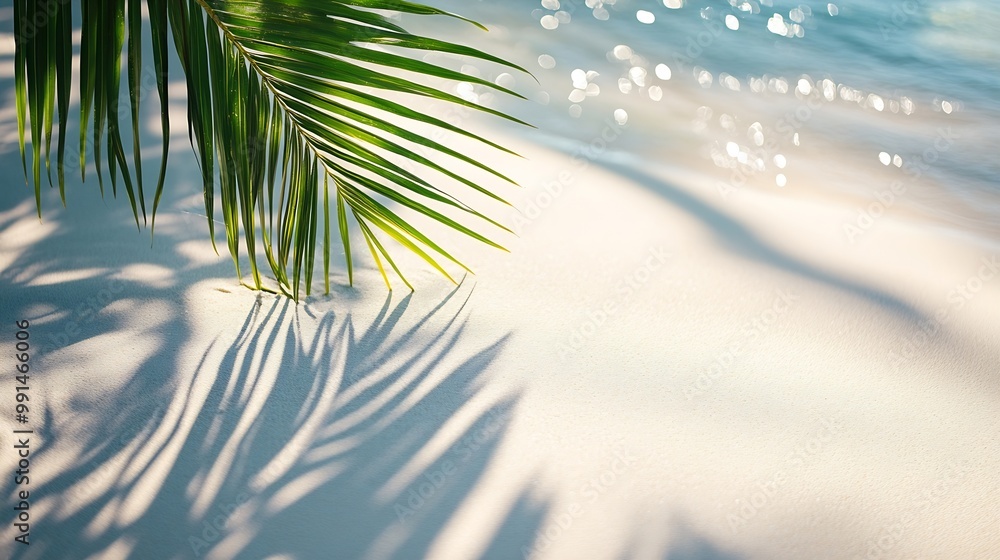 Poster palm leaf shadow on abstract white sand beach background sun lights on water surface beautiful abstr